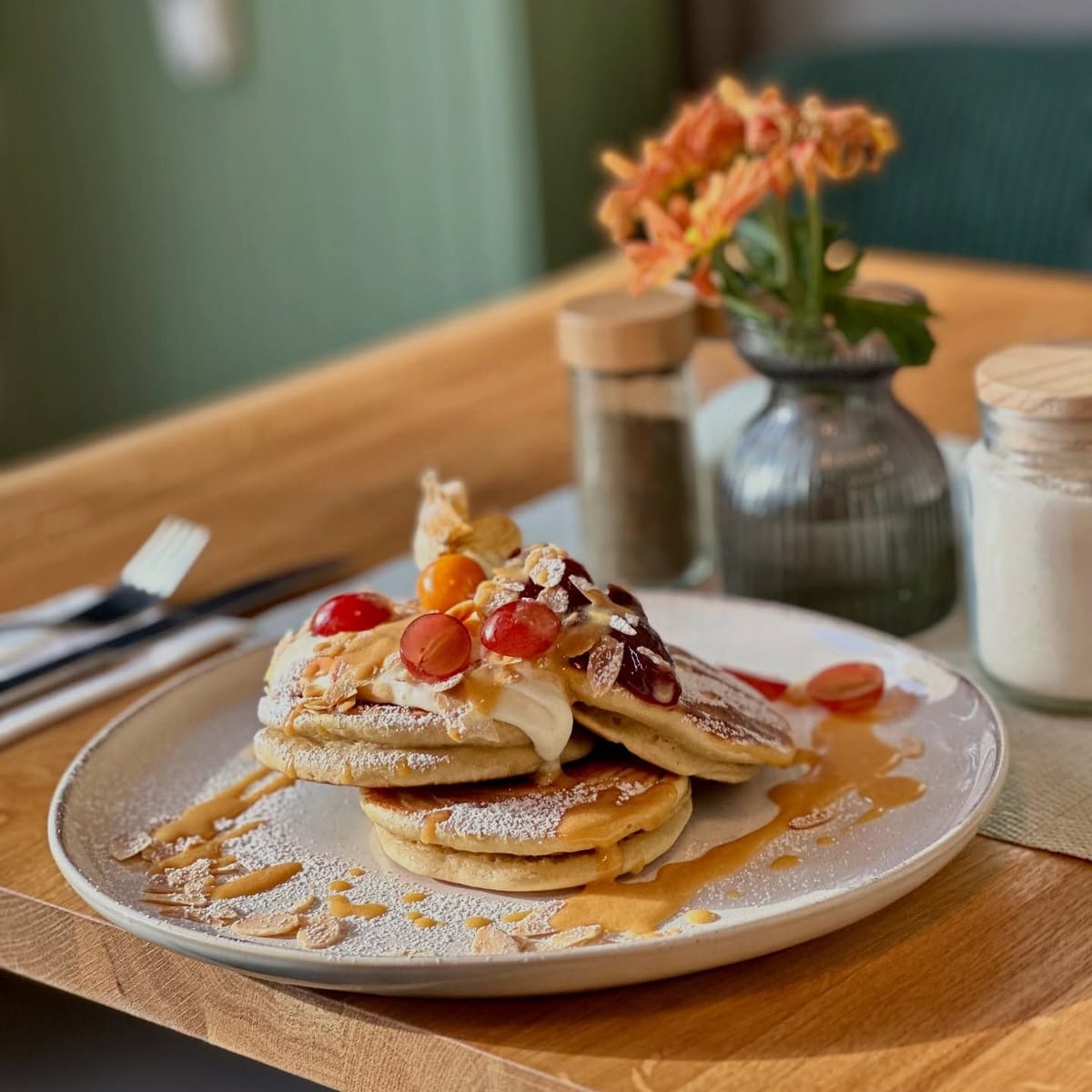 Pancakes auf dem Holztisch im Gastraum – Brunch by Sole, Berlin-Schöneberg